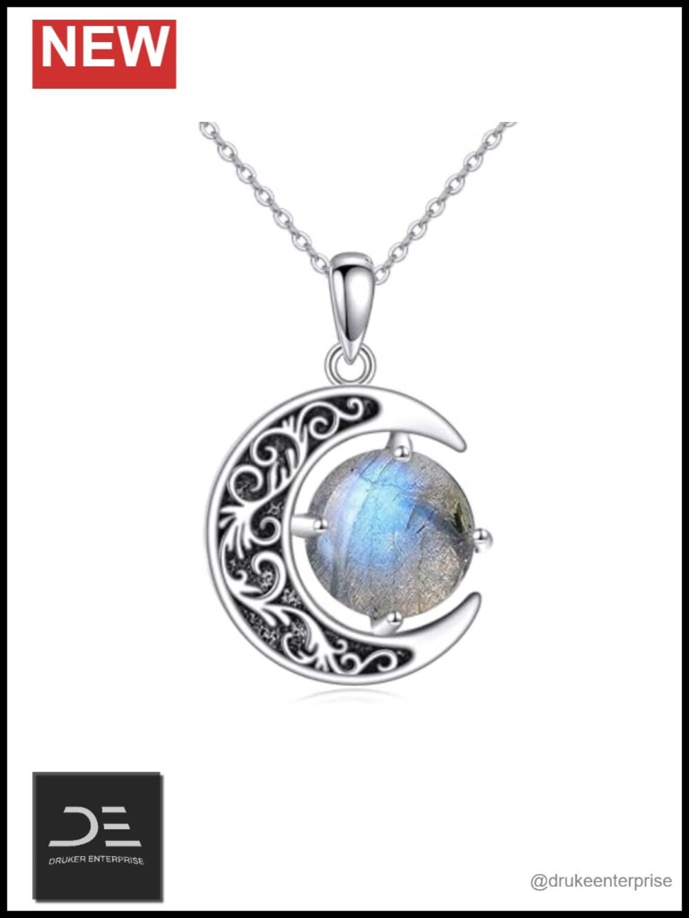 925 Sterling Silver Labradorite Filigree Moon Pendant Necklace 18 Inch Women